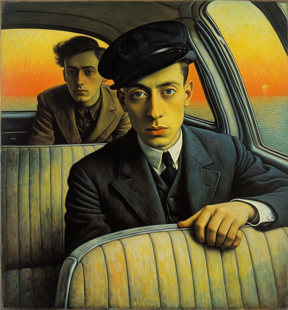 Young Men in Vintage Car with Sunset Background