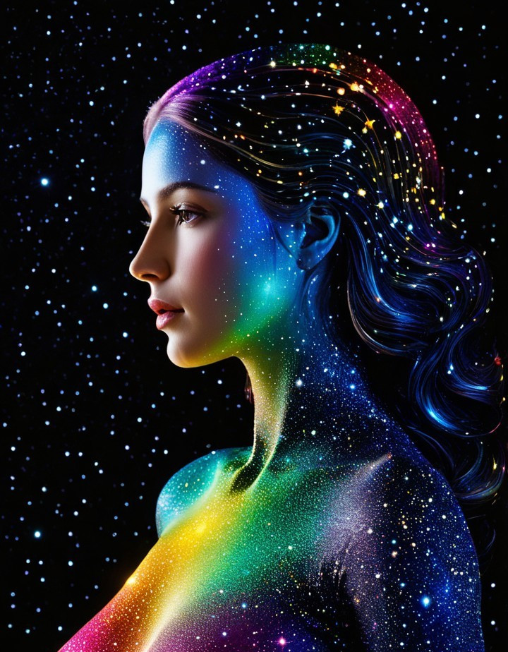 Cosmic Design on Woman's Profile in Dark Space
