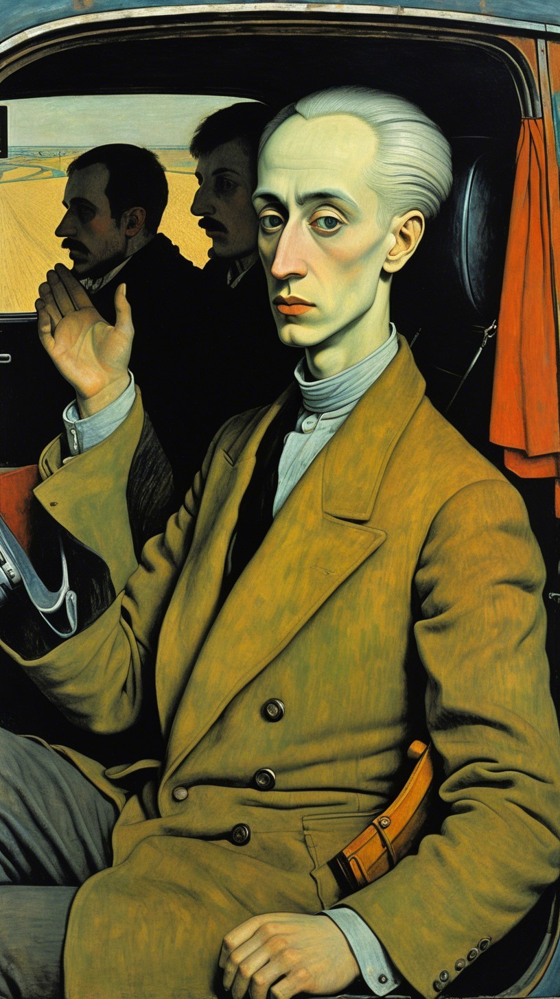 Full-body portrait of a pale man in an olive coat
