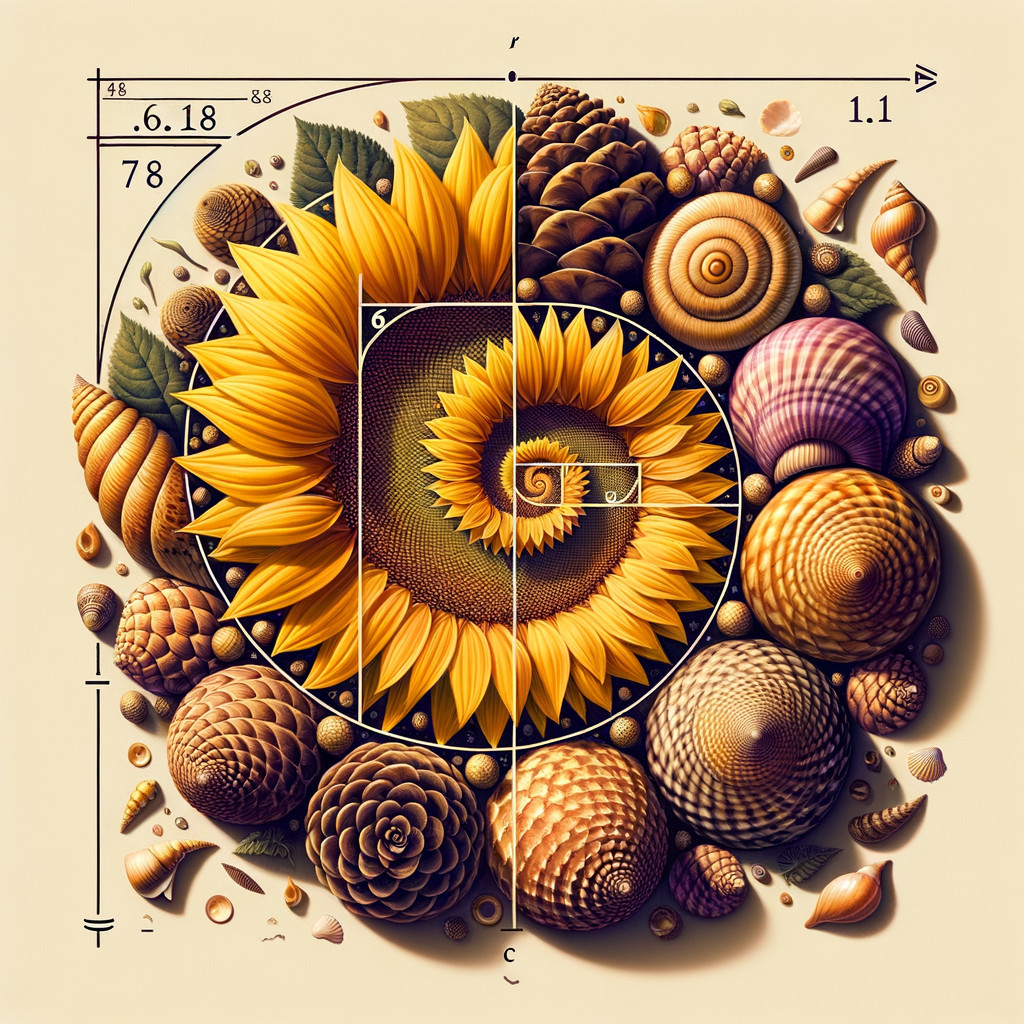 Sunflower and Seashells in Fibonacci Spiral Arrangement