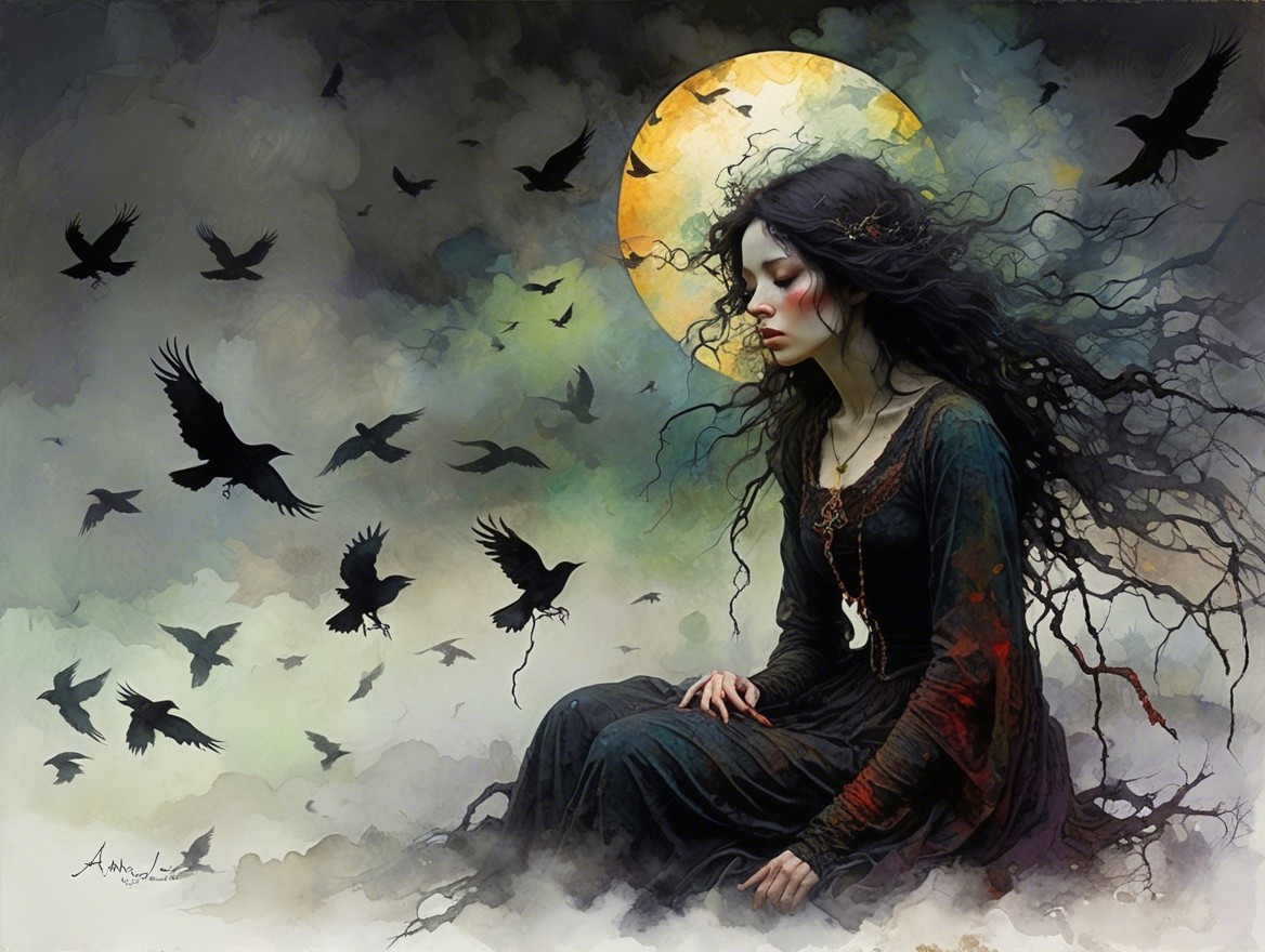Mysterious Woman in Dreamlike Landscape with Crows