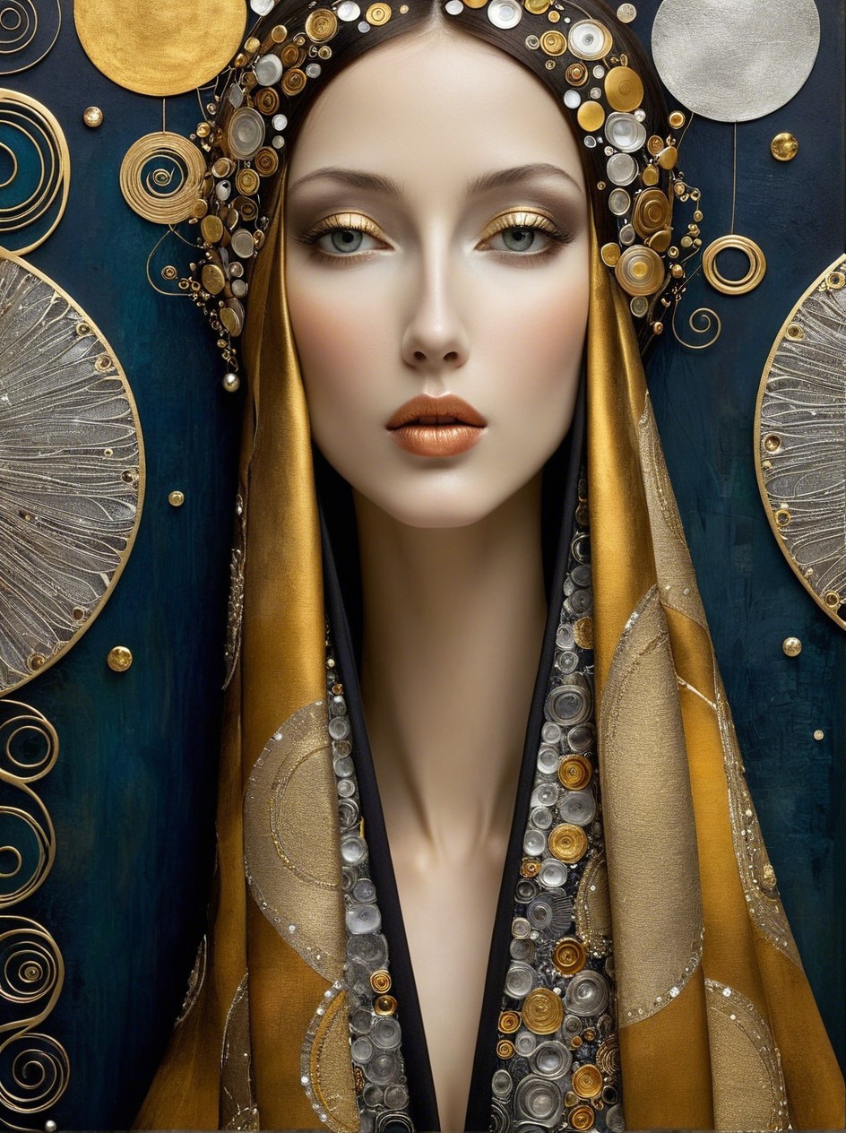 Oil Painting of a Woman with Gold Accents and Headdress