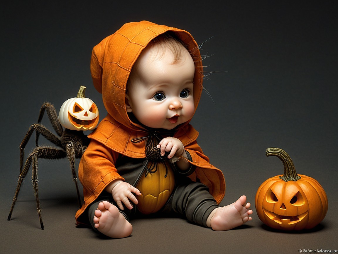 Baby in Orange Cape Surrounded by Halloween Decor