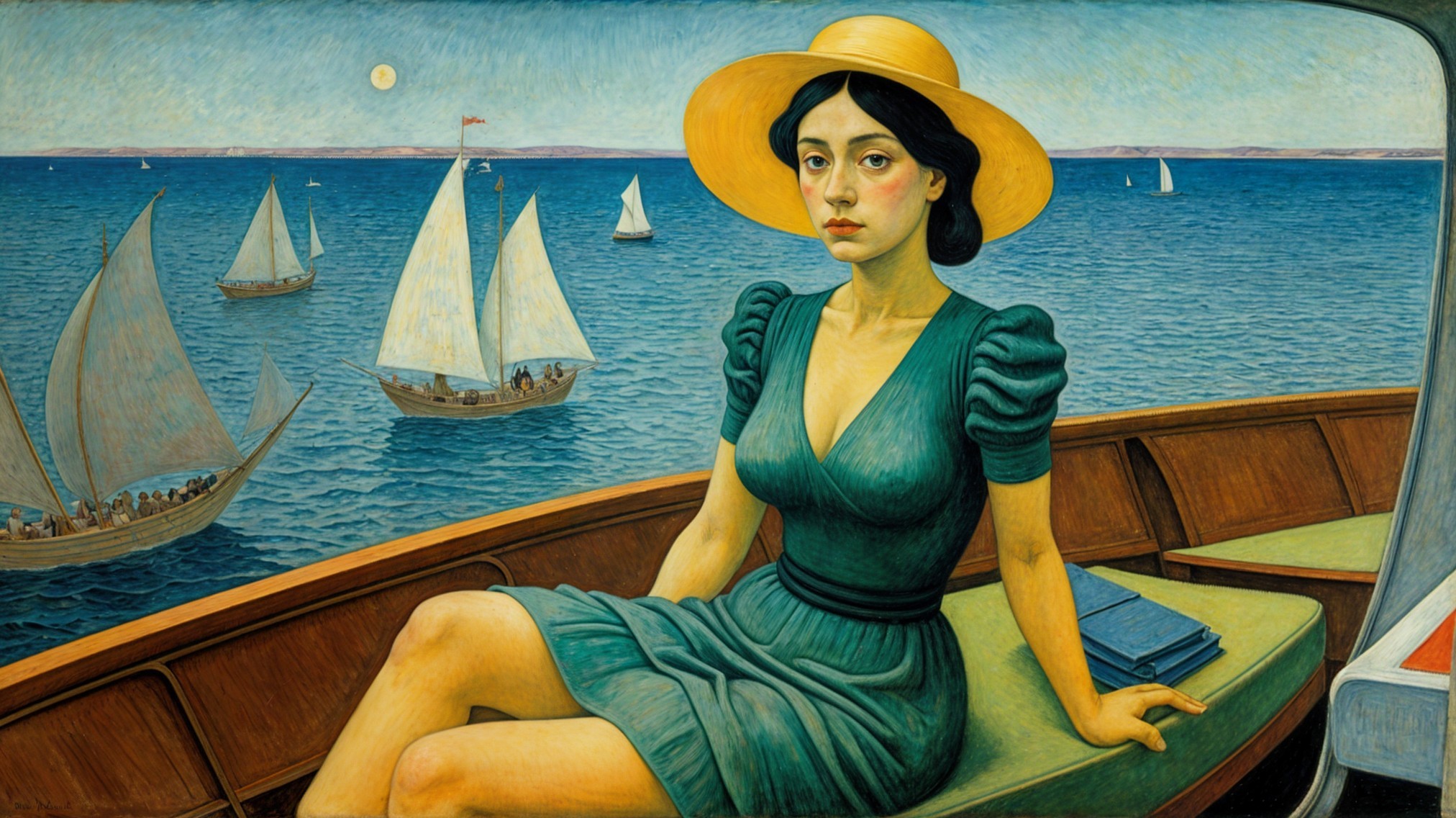 Serene Woman in Green Dress on Boat at Sunset