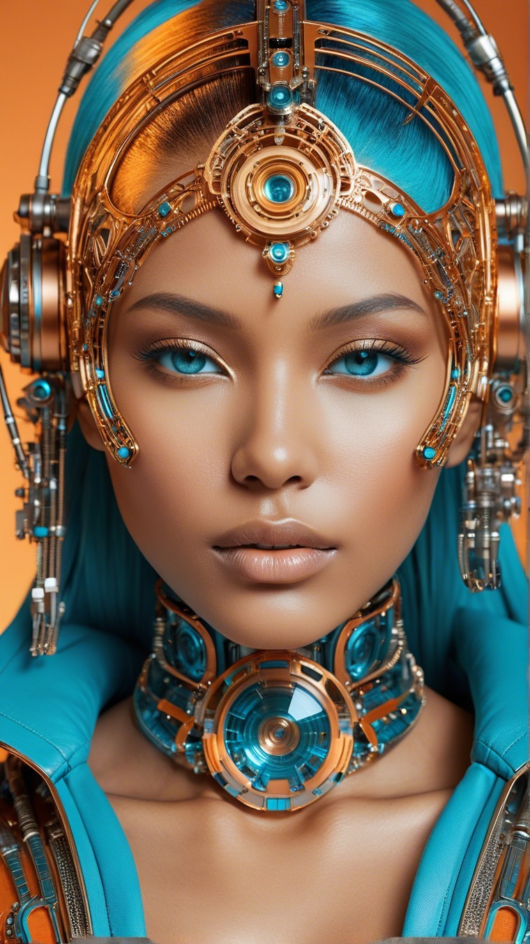 Futuristic figure with blue hair and high-tech attire
