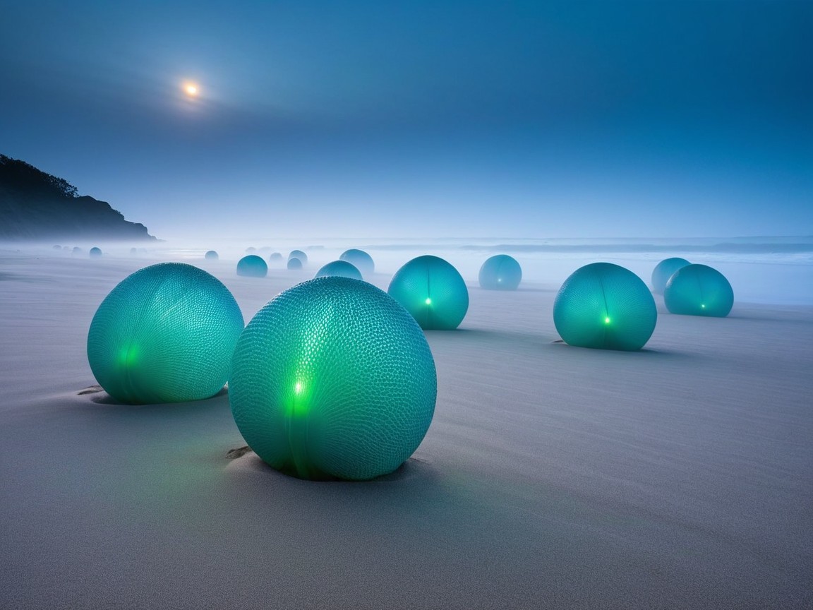 Tranquil Beach Scene with Glowing Turquoise Spheres