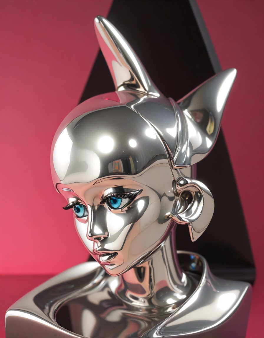 Chrome Sculpture of a Stylized Female Head with Blue Eyes