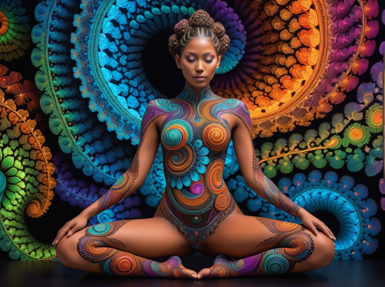 Vibrant Digital Painting of Meditating Woman with Patterns