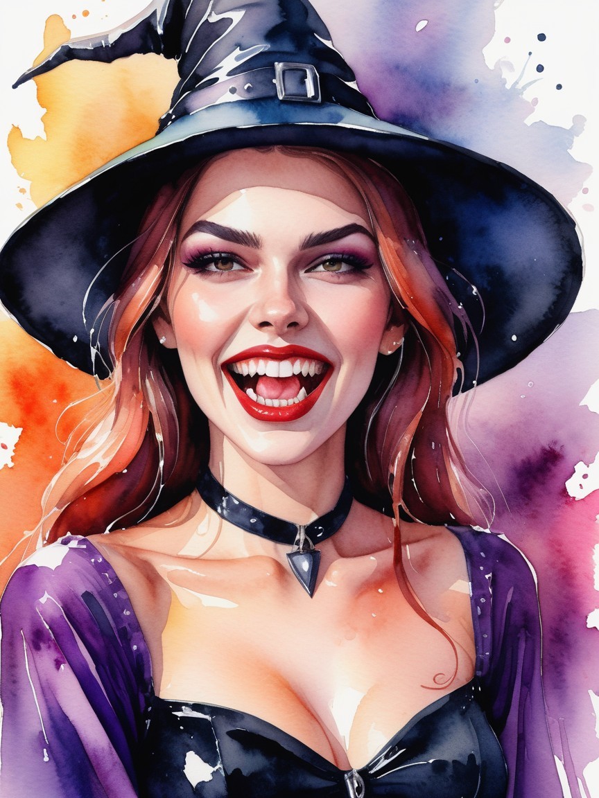 Vibrant Watercolor Illustration of a Joyful Witch