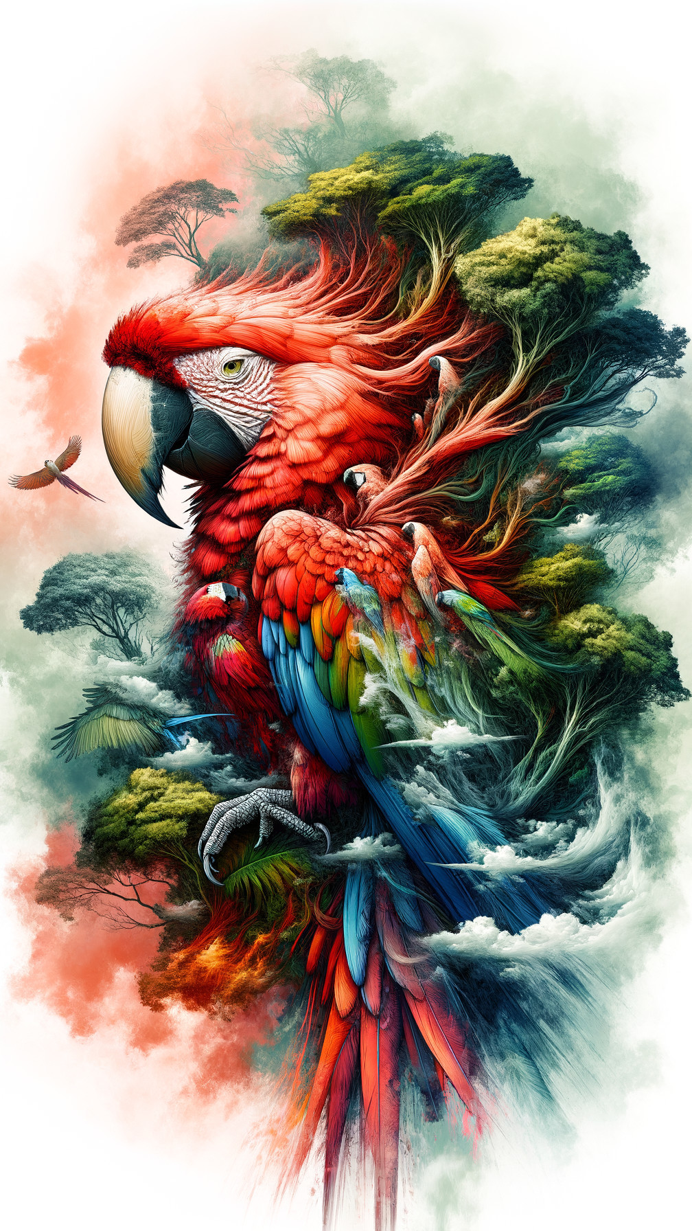 Vibrant Illustration of Parrots in Dreamlike Landscape