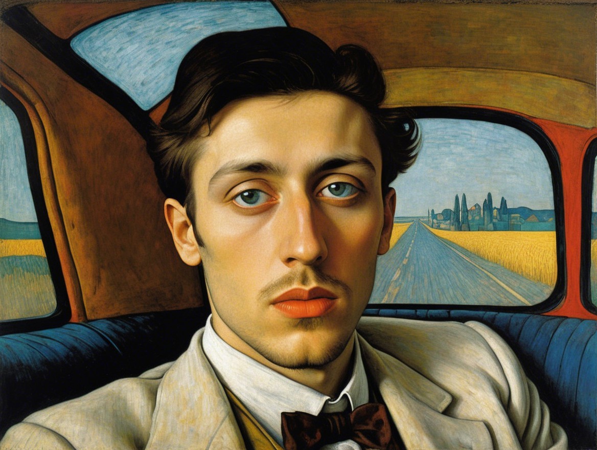 Young man in a suit gazing from a car in nature