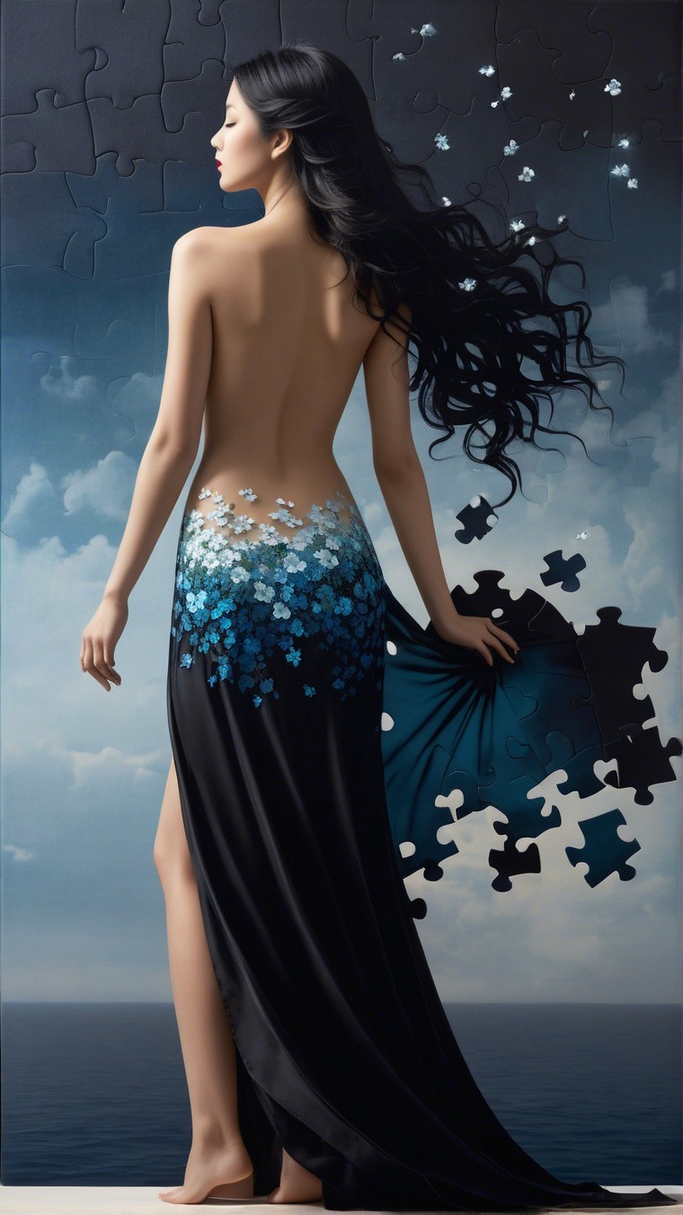 Woman in Puzzle Piece Dress Against Serene Sea and Sky