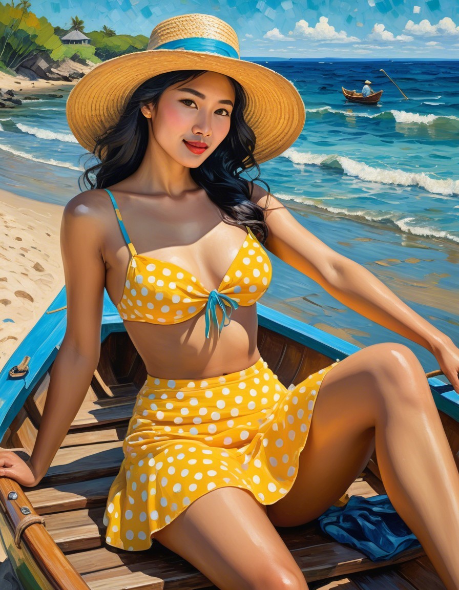 Young Woman in Blue Boat at Sunny Beach Scene