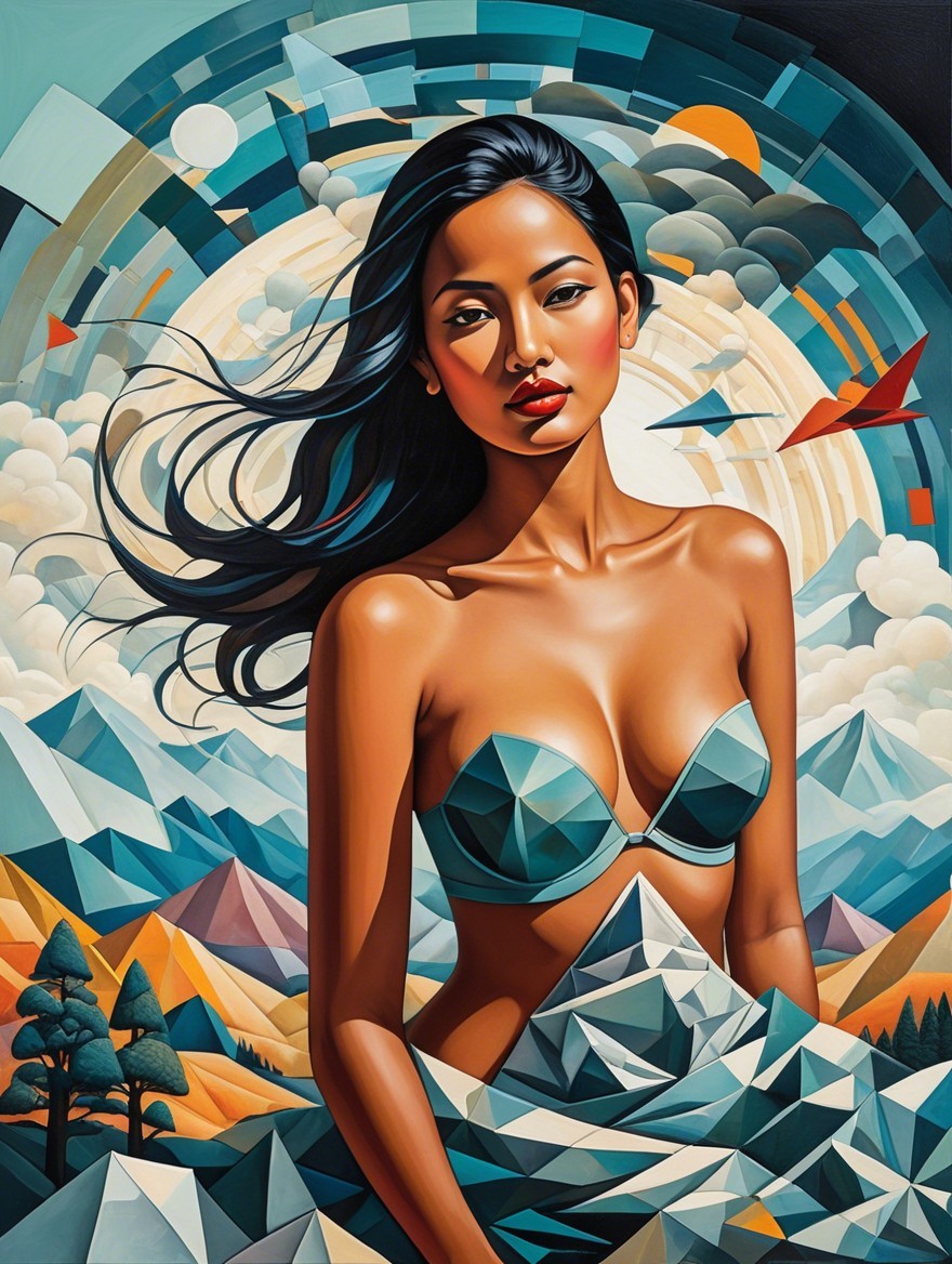 Female Figure in Turquoise Bikini with Abstract Mountains