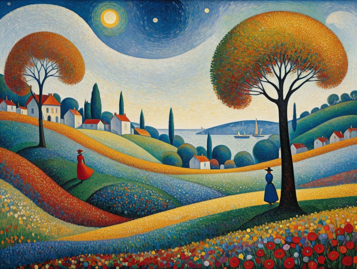 Vibrant Landscape with Rolling Hills and Starry Sky