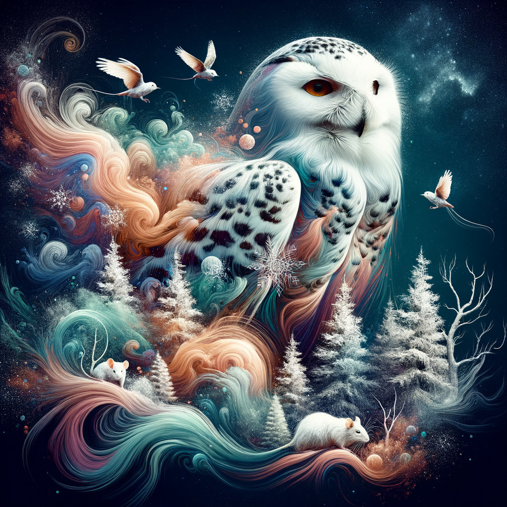 Majestic snowy owl in vibrant, whimsical landscape