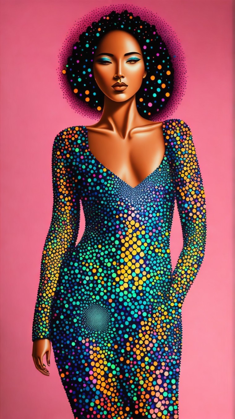 Colorful Gown with Vibrant Dots and Iridescent Glow
