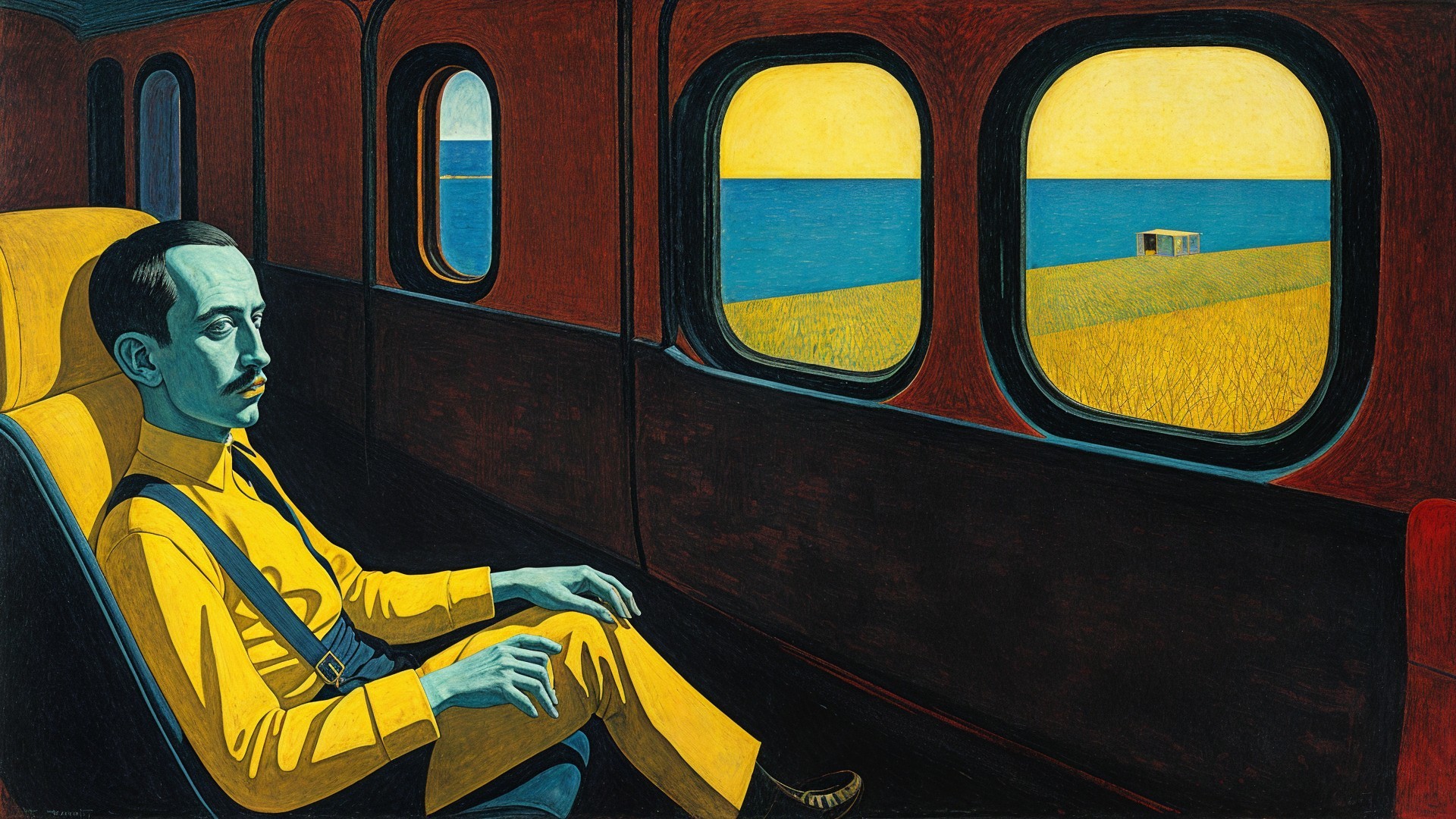 Man in Yellow Suit Contemplates in Train Carriage