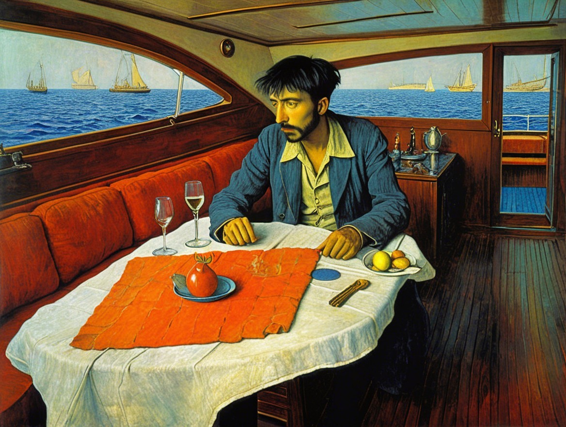Man Contemplating on Boat with Warm Interior Decor