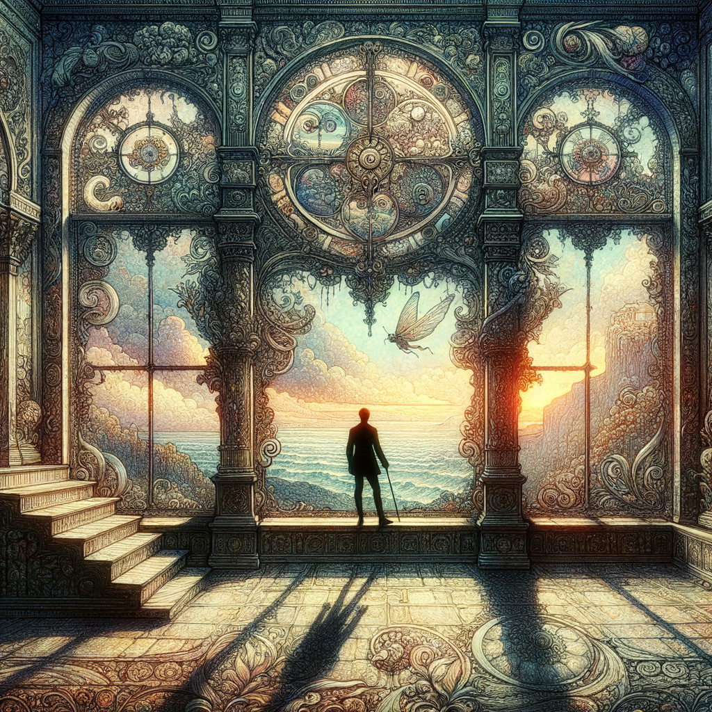 Ornate room with sunset seascape and intricate details