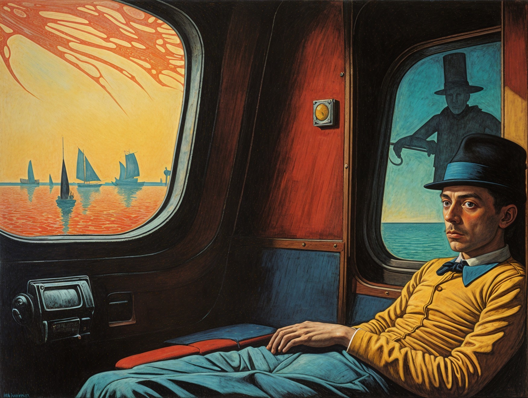 Contemplative Man in Cabin with Seascape View