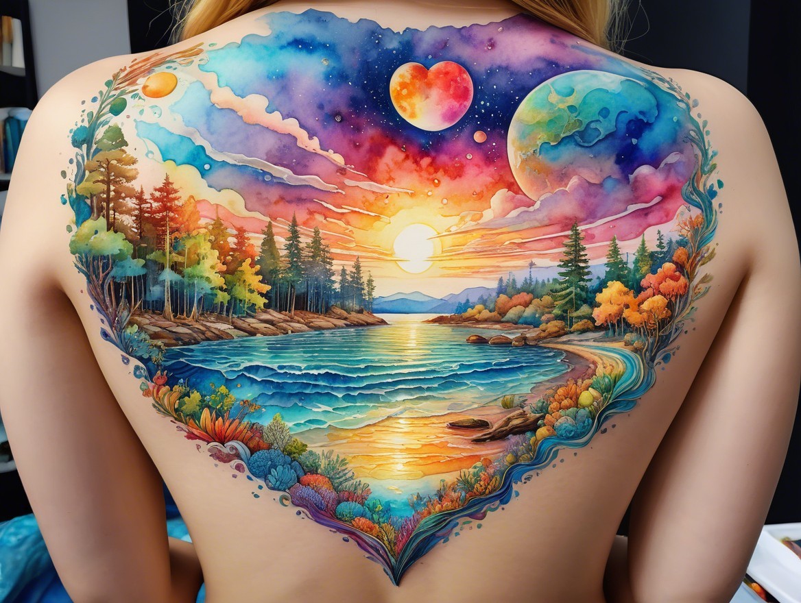 Vibrant Landscape Tattoo with Celestial Elements