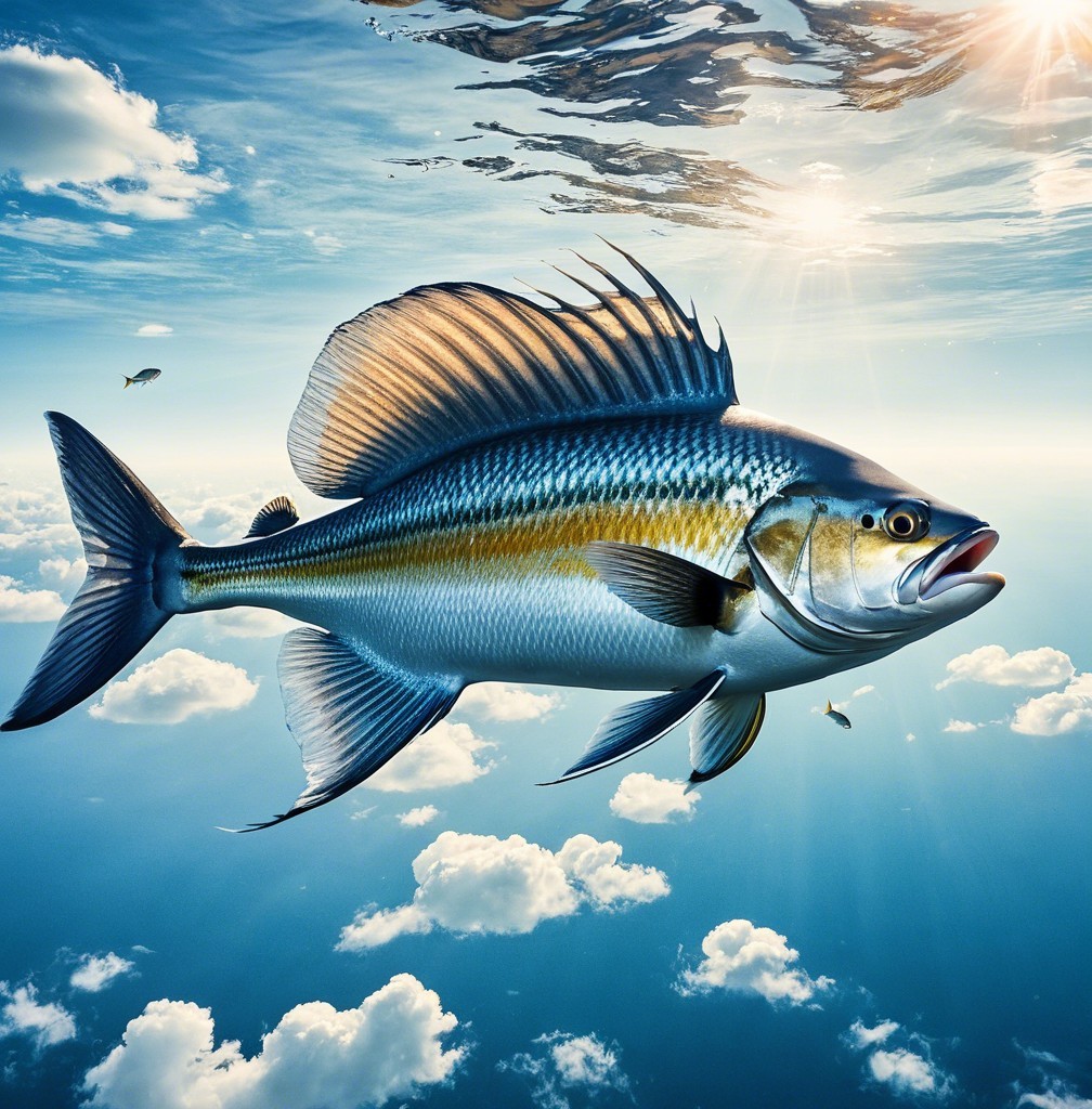 Vibrant fish in clear water under blue sky