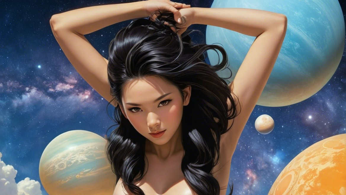Woman with Dark Hair Against Cosmic Backdrop