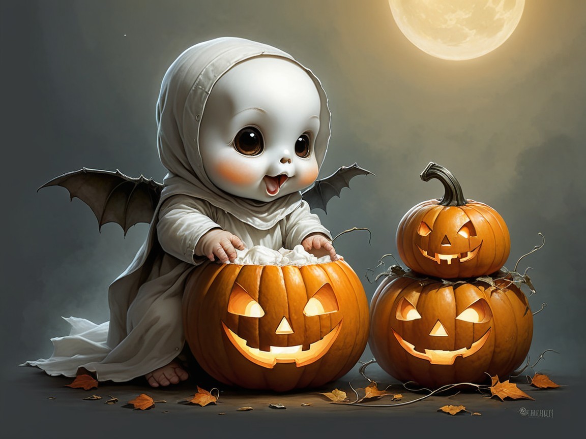 Ghostly Baby with Bat Wings in Halloween Scene