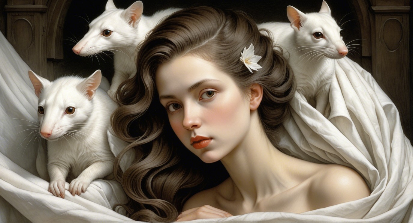 Portrait of a young woman with white flowers and rats