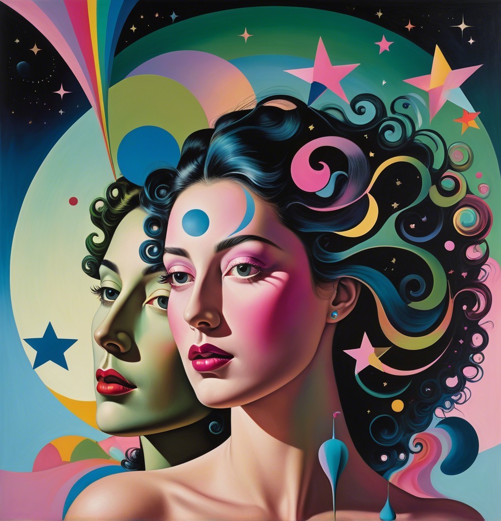 Stylized Women with Cosmic Background and Vibrant Hair