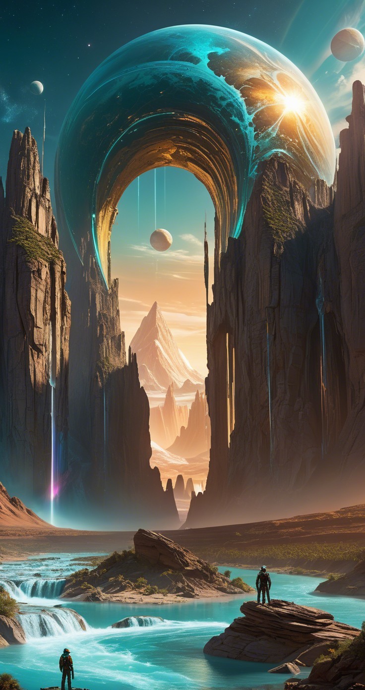 Surreal Landscape with Cliffs, River, and Celestial Body