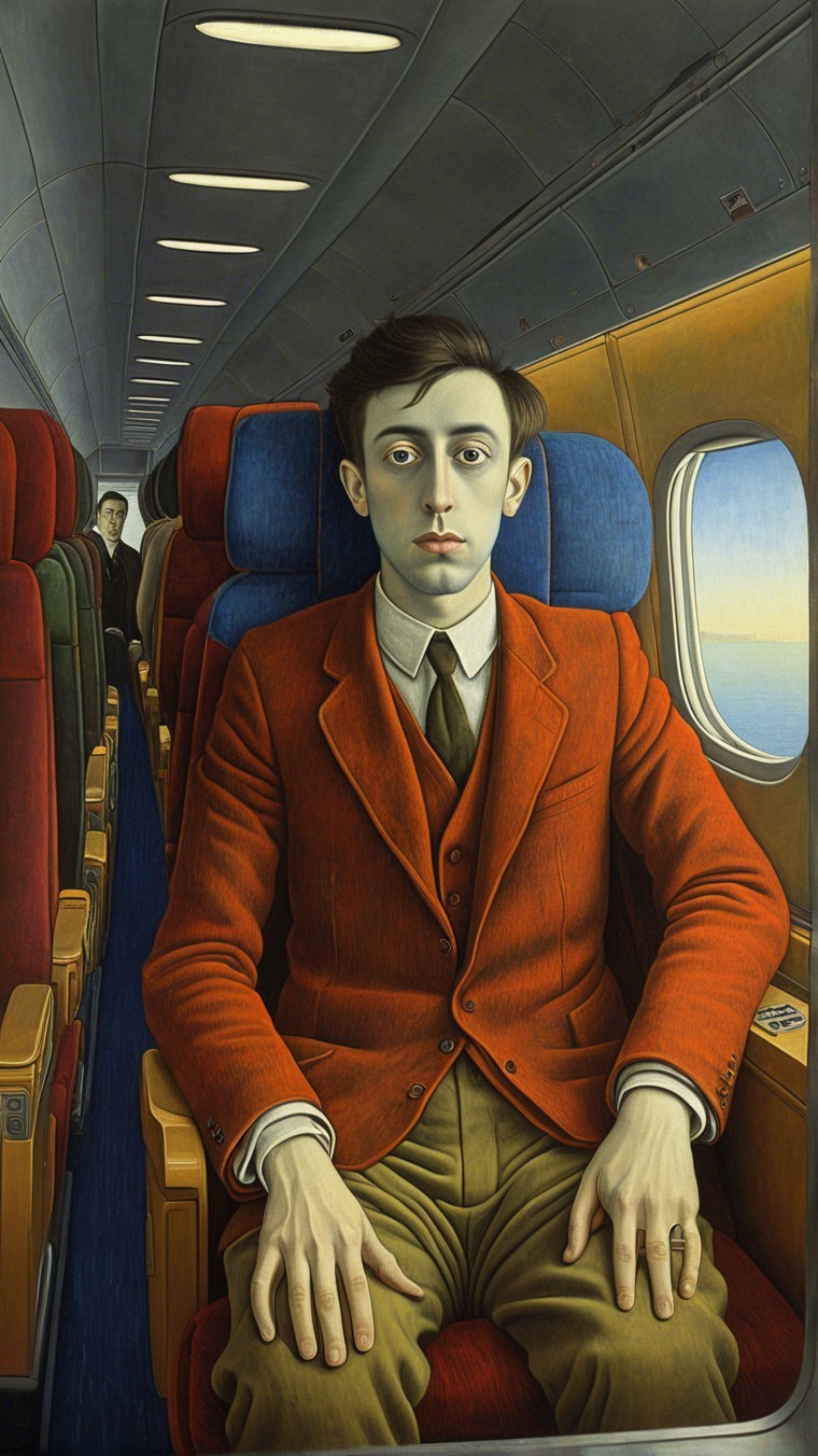 Young man in airplane seat with orange suit jacket
