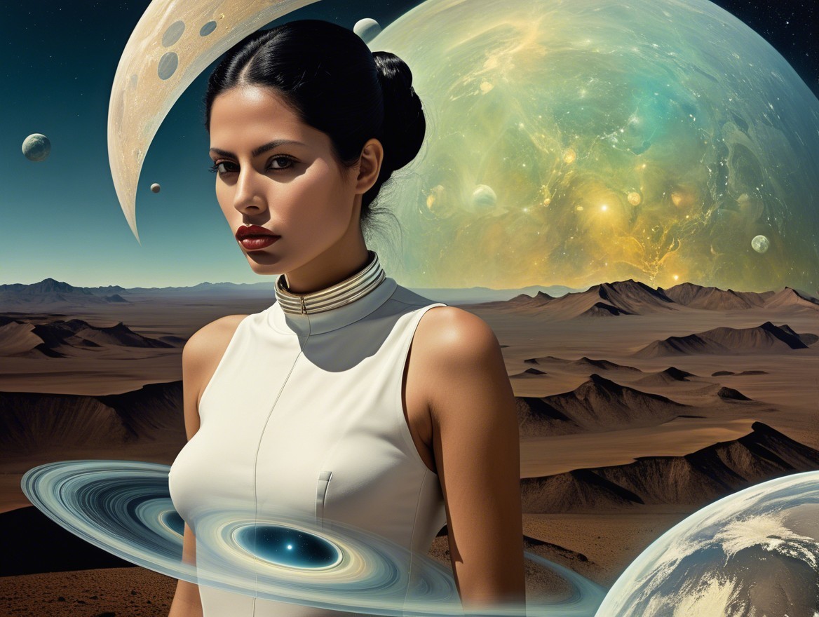 Confident Woman in Surreal Cosmic Landscape