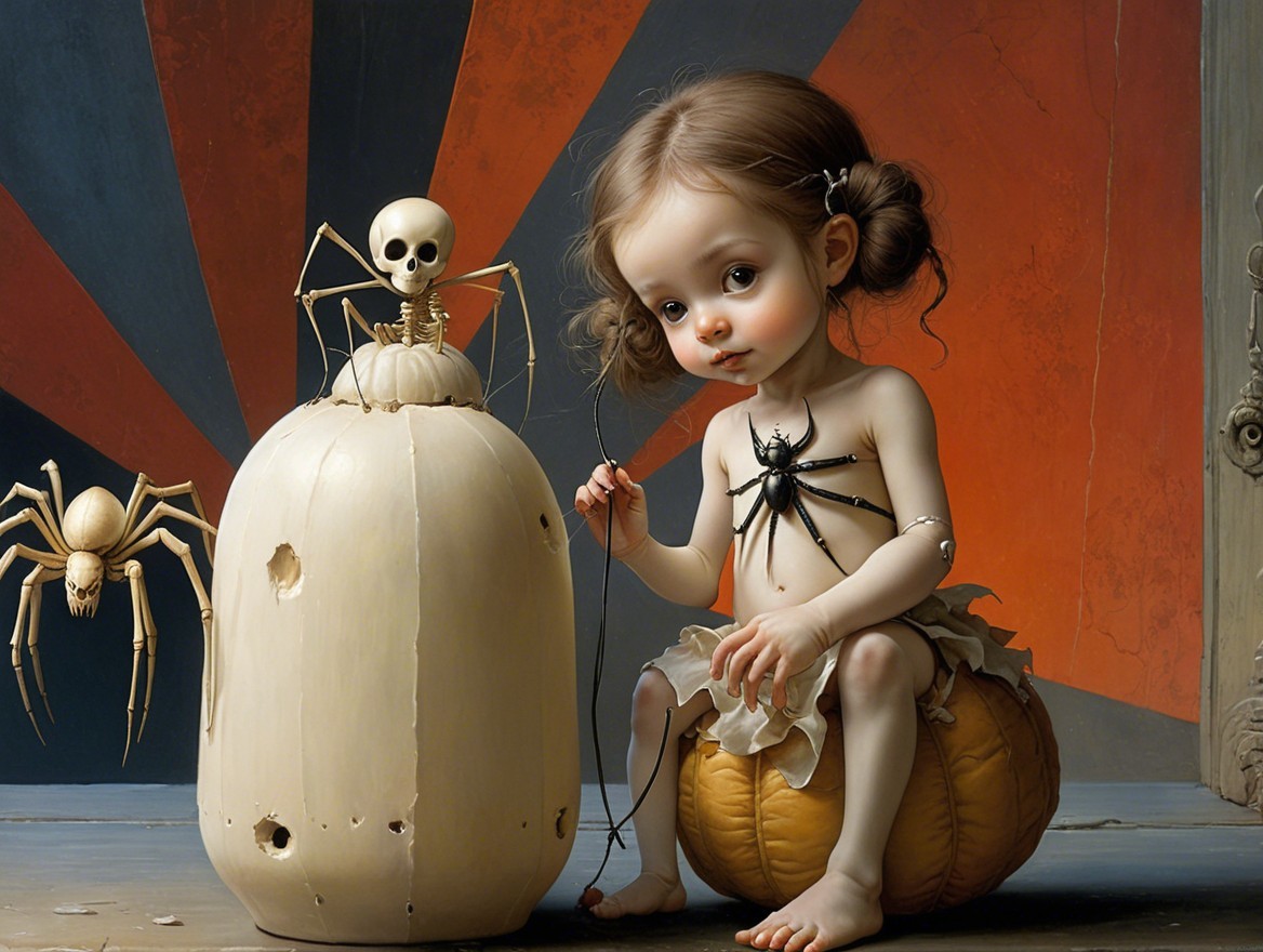Whimsical Halloween Scene with Girl on Pumpkin