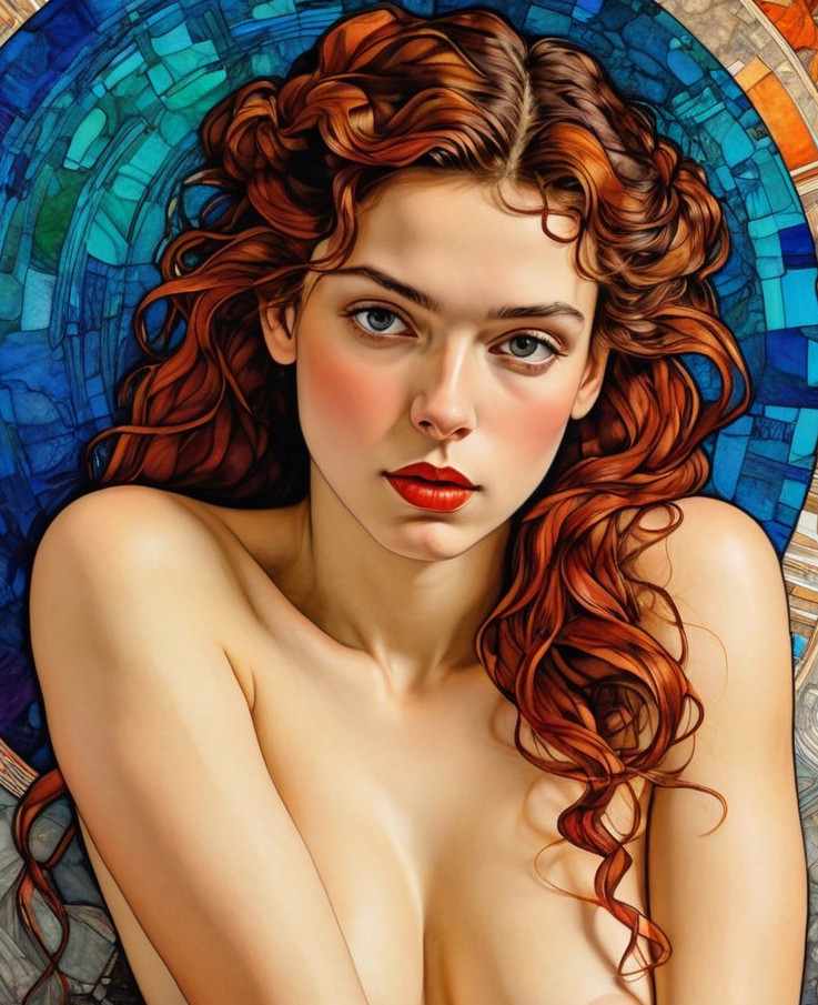 Striking Woman with Red Hair and Stained Glass Background