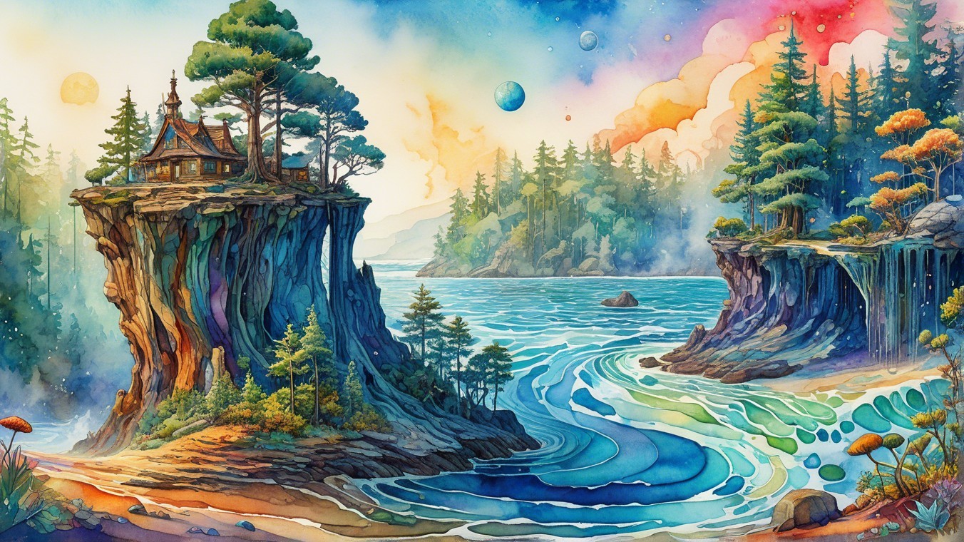 Whimsical Landscape with Wooden House and Mountains