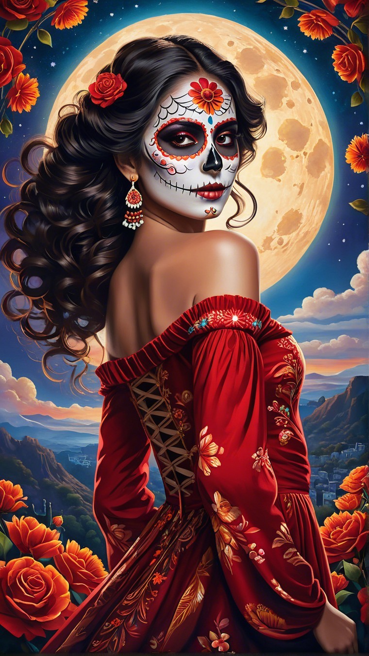 Woman in sugar skull makeup with floral dress and moon