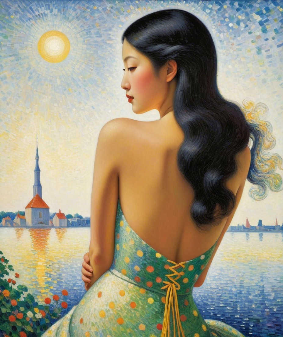 Woman in Polka-Dotted Dress by Tranquil Water Scene