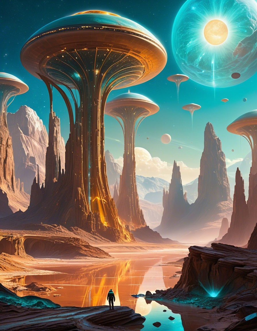 Alien Landscape with Futuristic Structures and Rivers