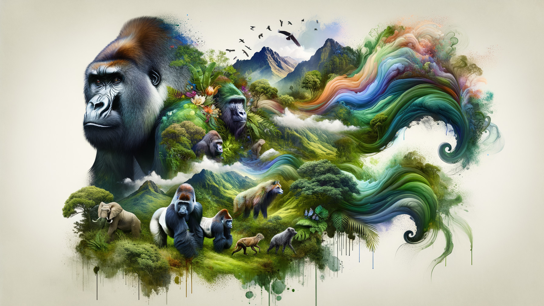 Vibrant Artistic Composition of Gorillas in Nature