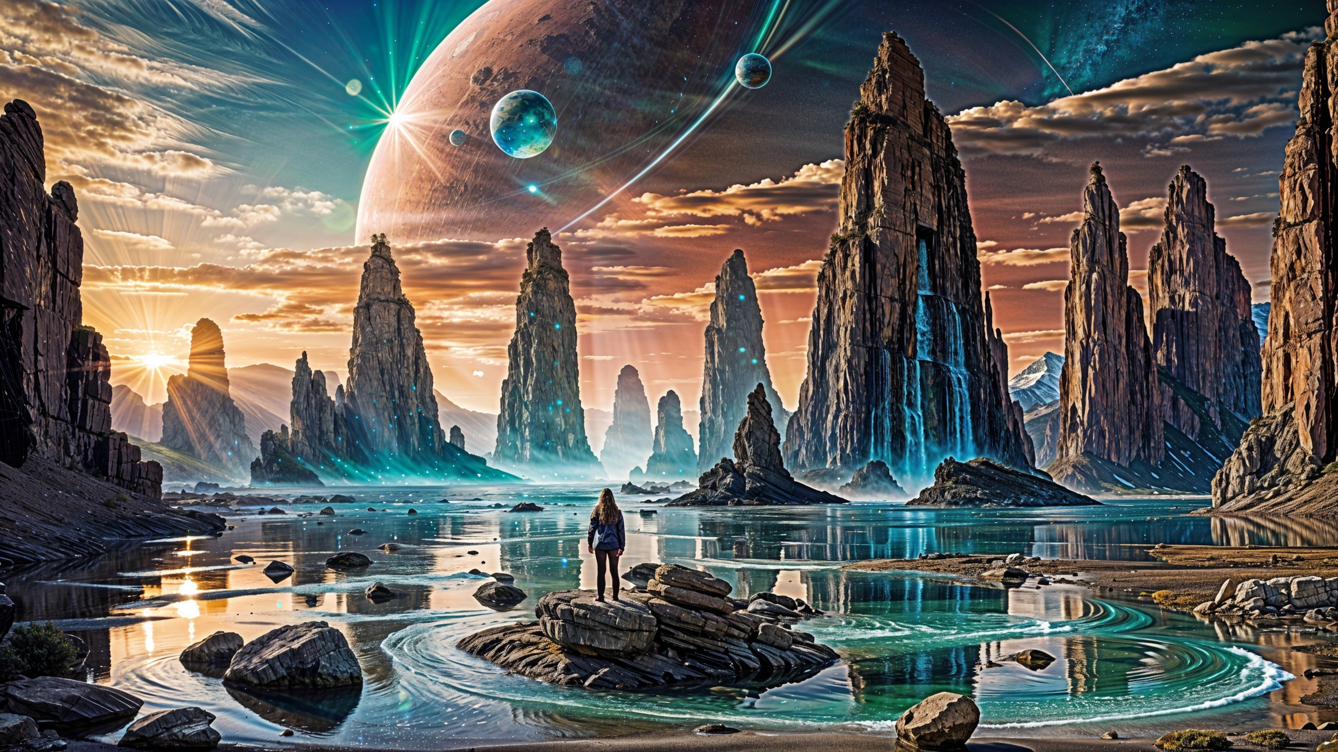 Alien Landscape with Rock Formations and Cosmic Sky