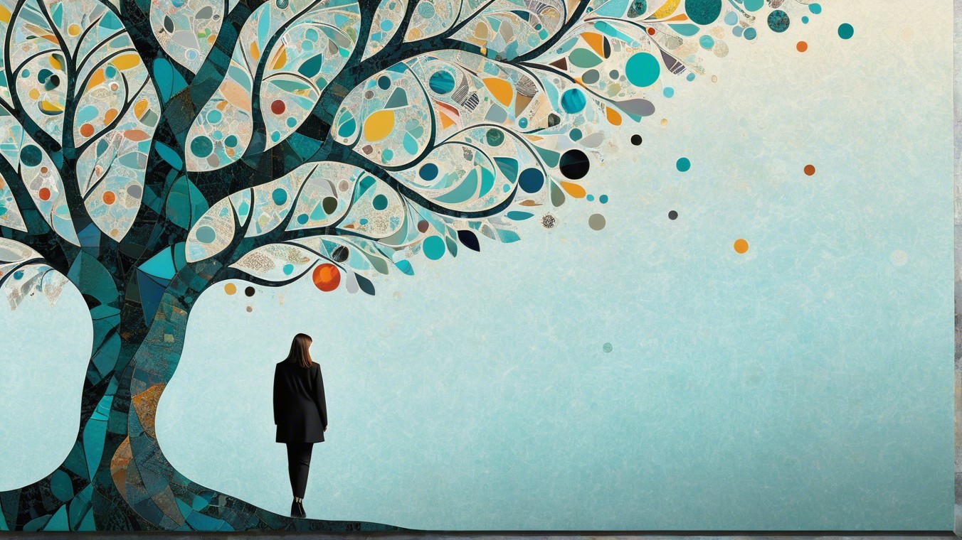 Stylized Tree with Vibrant Leaves and Contemplative Figure