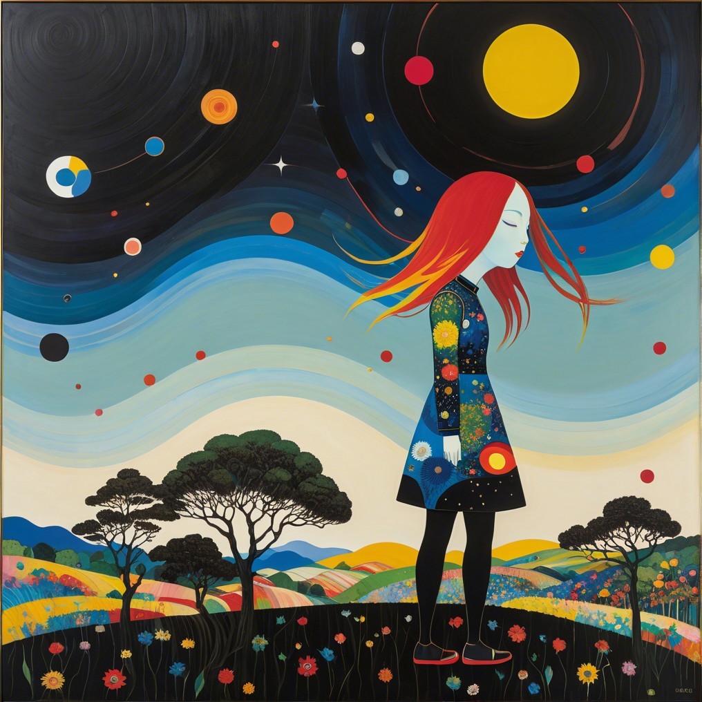 Whimsical Landscape with Girl and Cosmic Night Sky