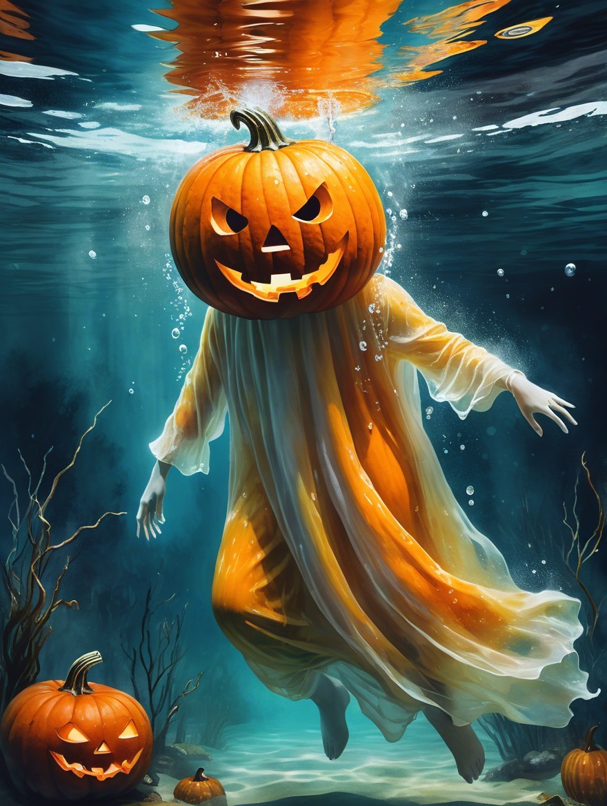 Ghostly Figure with Pumpkin Head Underwater Scene