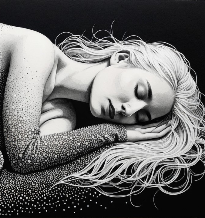 Monochromatic Artwork of Serene Woman Sleeping