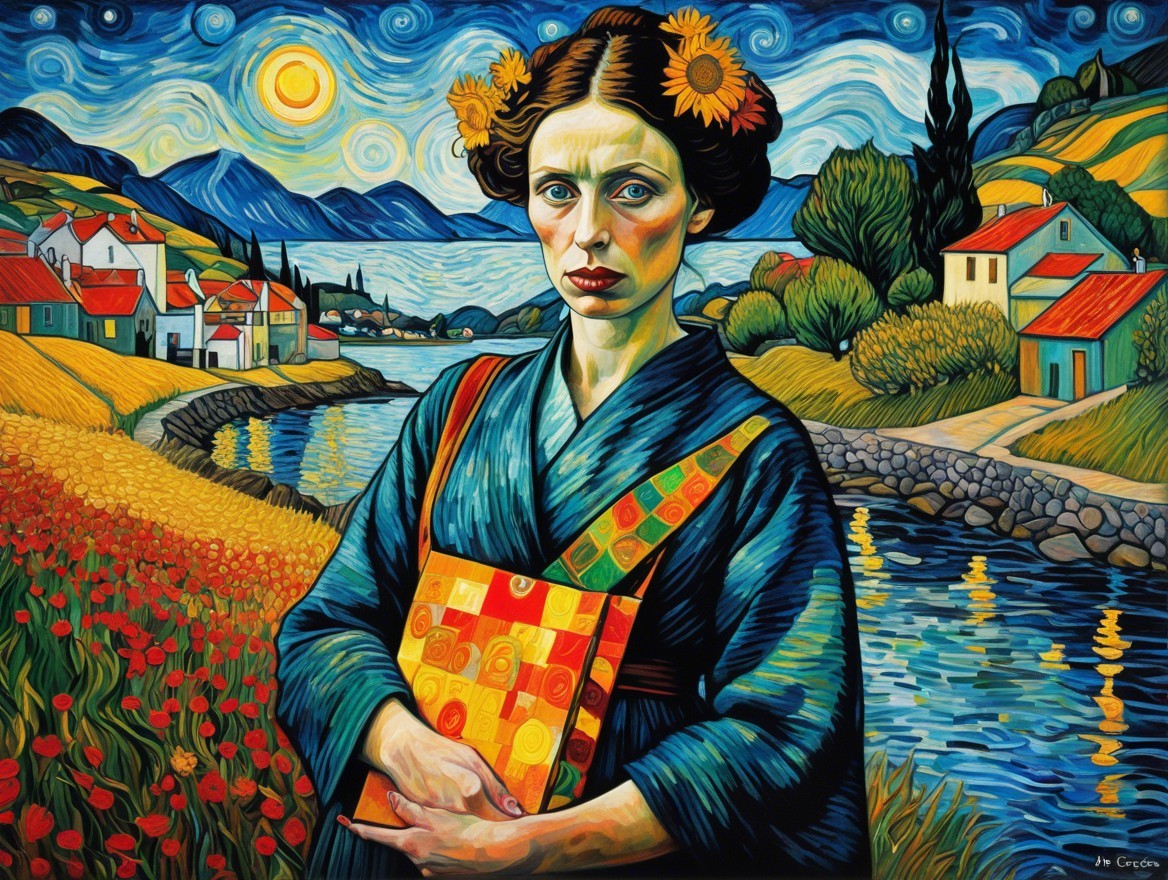 Woman in Blue Kimono Surrounded by Colorful Landscape