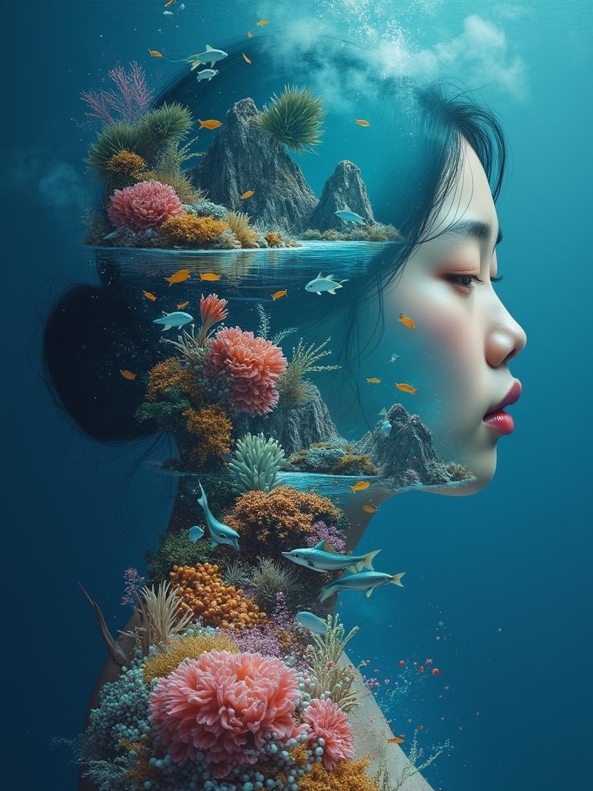 Profile of a Woman in Vibrant Underwater Landscape