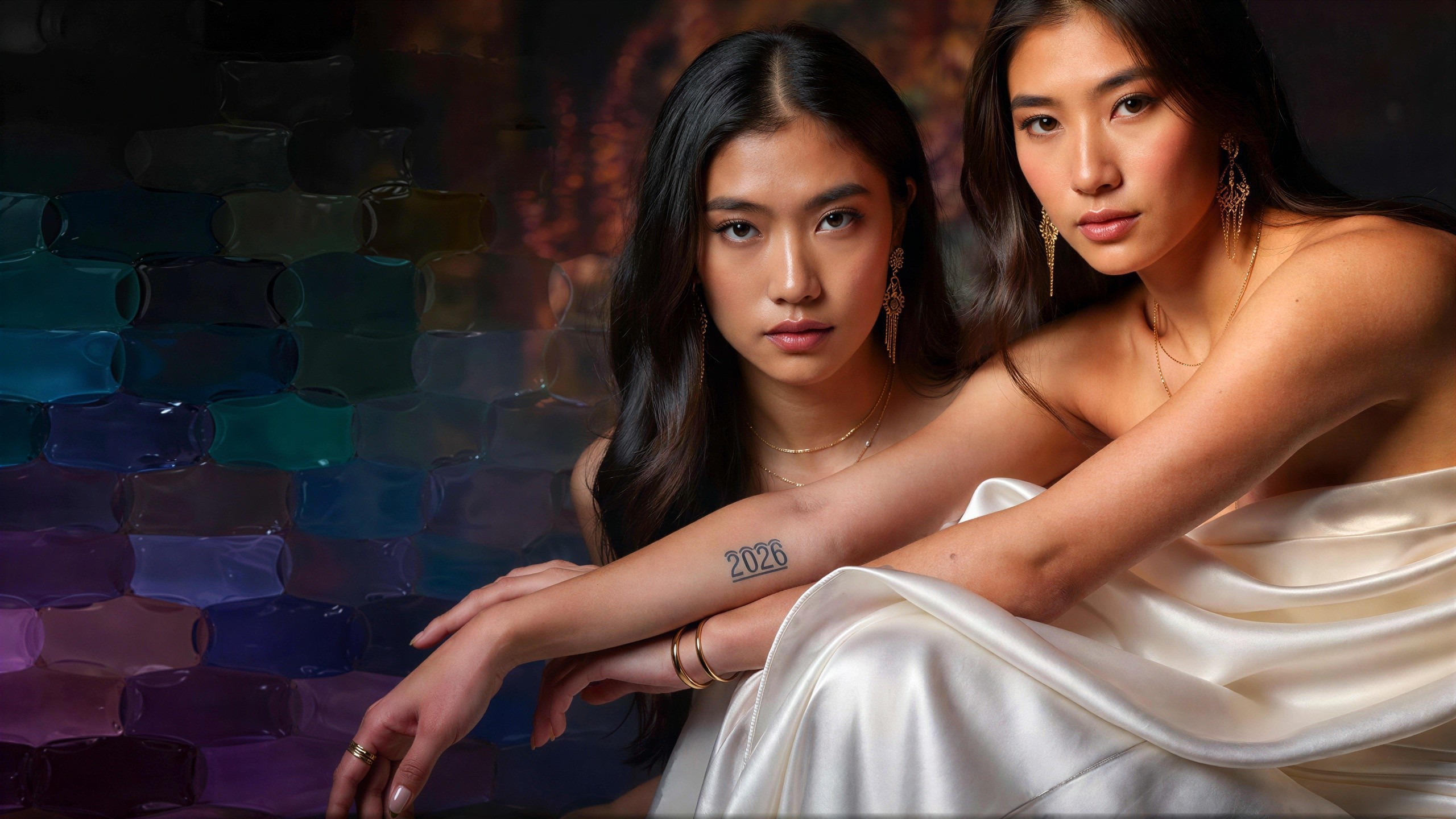 Portrait of Two Young Women in Silky Dress