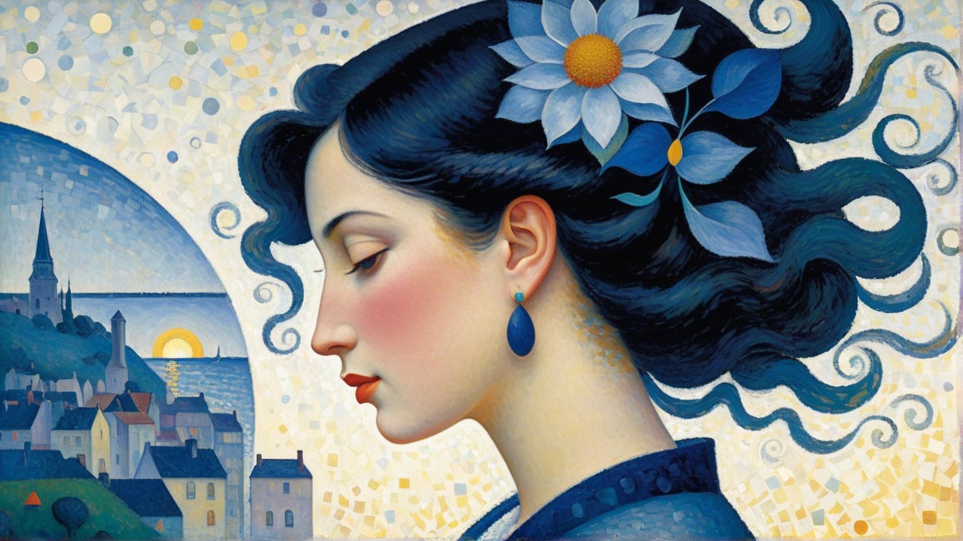 Profile of a Serene Woman with Blue Flower and Landscape